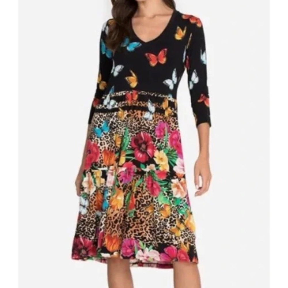 Johnny Was Sandra 3/4 Sleeve Tiered Dress Mixed-Print Butterfly Bamboo Womens M